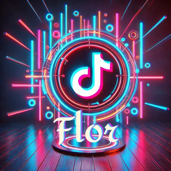Escenario vibrante iluminado con luces de neón rojas y azules. Círculo de luz central con logotipo de TikTok. Nombre en una base circular iluminada sobre el suelo de madera. Diseño con el nombre Flor.