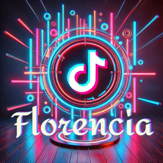 Escenario vibrante iluminado con luces de neón rojas y azules. Círculo de luz central con logotipo de TikTok. Nombre en una base circular iluminada sobre el suelo de madera. Diseño con el nombre Florencia.