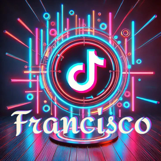 Escenario vibrante iluminado con luces de neón rojas y azules. Círculo de luz central con logotipo de TikTok. Nombre en una base circular iluminada sobre el suelo de madera. Diseño con el nombre Francisco.