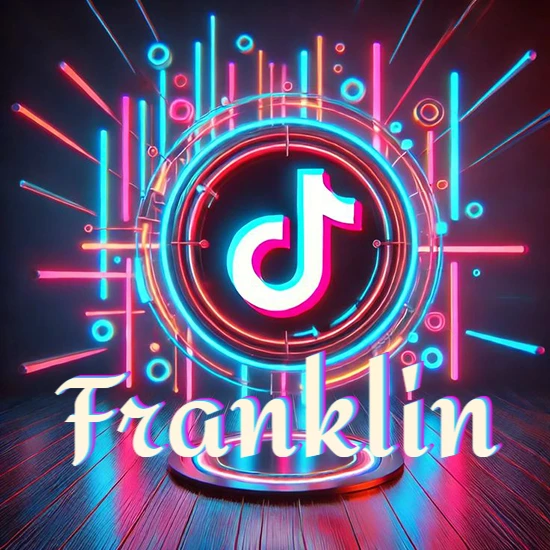 Escenario vibrante iluminado con luces de neón rojas y azules. Círculo de luz central con logotipo de TikTok. Nombre en una base circular iluminada sobre el suelo de madera. Diseño con el nombre Franklin.