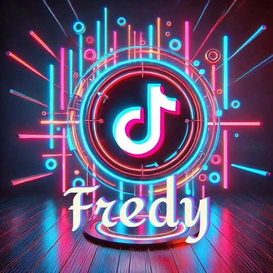 Escenario vibrante iluminado con luces de neón rojas y azules. Círculo de luz central con logotipo de TikTok. Nombre en una base circular iluminada sobre el suelo de madera. Diseño con el nombre Fredy.