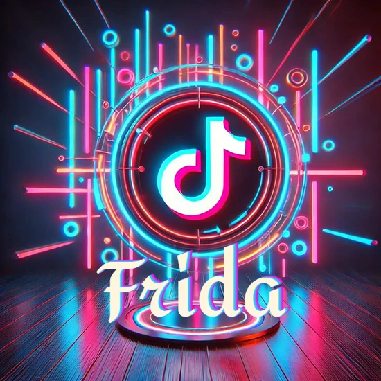 Escenario vibrante iluminado con luces de neón rojas y azules. Círculo de luz central con logotipo de TikTok. Nombre en una base circular iluminada sobre el suelo de madera. Diseño con el nombre Frida.