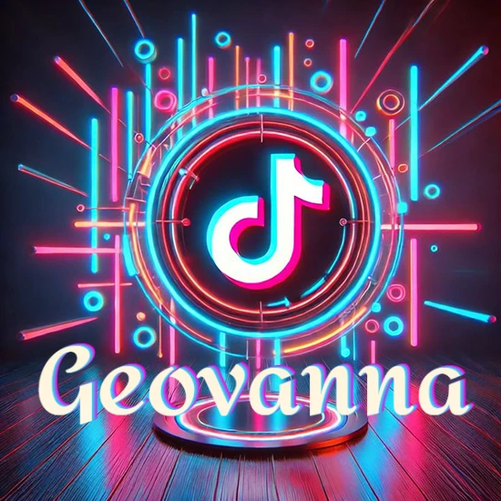 Escenario vibrante iluminado con luces de neón rojas y azules. Círculo de luz central con logotipo de TikTok. Nombre en una base circular iluminada sobre el suelo de madera. Diseño con el nombre Geovanna.
