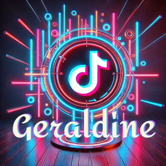 Escenario vibrante iluminado con luces de neón rojas y azules. Círculo de luz central con logotipo de TikTok. Nombre en una base circular iluminada sobre el suelo de madera. Diseño con el nombre Geraldine.