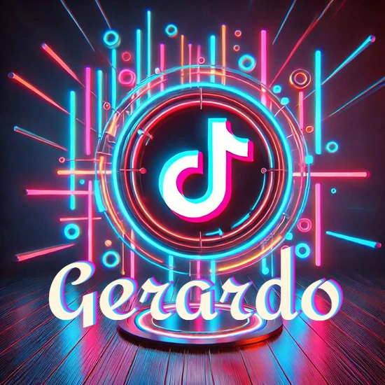 Escenario vibrante iluminado con luces de neón rojas y azules. Círculo de luz central con logotipo de TikTok. Nombre en una base circular iluminada sobre el suelo de madera. Diseño con el nombre Gerardo.