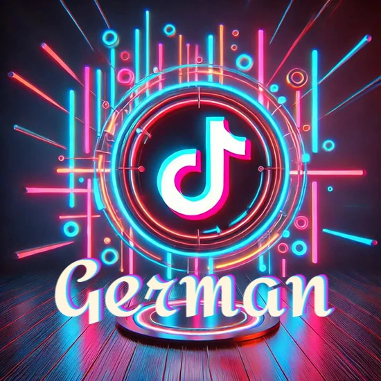 Escenario vibrante iluminado con luces de neón rojas y azules. Círculo de luz central con logotipo de TikTok. Nombre en una base circular iluminada sobre el suelo de madera. Diseño con el nombre German.