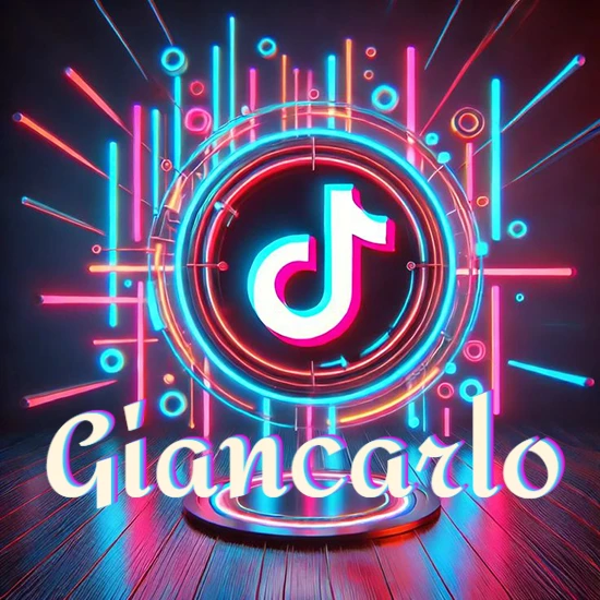 Escenario vibrante iluminado con luces de neón rojas y azules. Círculo de luz central con logotipo de TikTok. Nombre en una base circular iluminada sobre el suelo de madera. Diseño con el nombre Giancarlo.