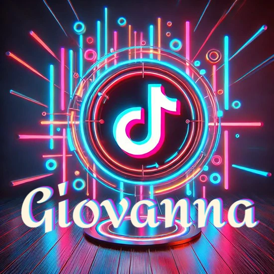 Escenario vibrante iluminado con luces de neón rojas y azules. Círculo de luz central con logotipo de TikTok. Nombre en una base circular iluminada sobre el suelo de madera. Diseño con el nombre Giovanna.