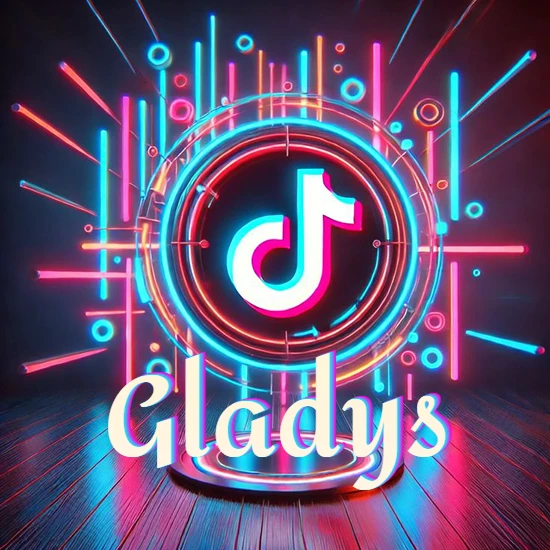 Escenario vibrante iluminado con luces de neón rojas y azules. Círculo de luz central con logotipo de TikTok. Nombre en una base circular iluminada sobre el suelo de madera. Diseño con el nombre Gladys.