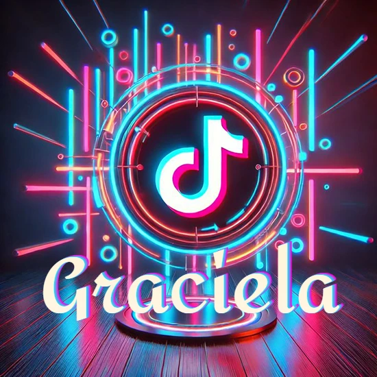 Escenario vibrante iluminado con luces de neón rojas y azules. Círculo de luz central con logotipo de TikTok. Nombre en una base circular iluminada sobre el suelo de madera. Diseño con el nombre Graciela.