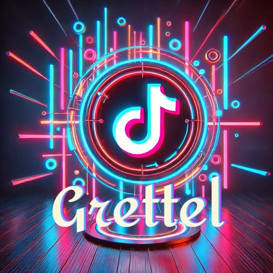 Escenario vibrante iluminado con luces de neón rojas y azules. Círculo de luz central con logotipo de TikTok. Nombre en una base circular iluminada sobre el suelo de madera. Diseño con el nombre Grettel.