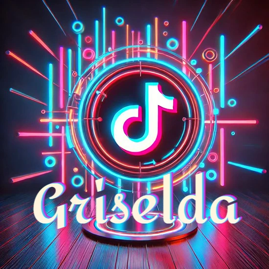 Escenario vibrante iluminado con luces de neón rojas y azules. Círculo de luz central con logotipo de TikTok. Nombre en una base circular iluminada sobre el suelo de madera. Diseño con el nombre Griselda.