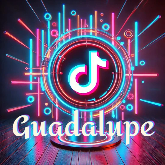 Escenario vibrante iluminado con luces de neón rojas y azules. Círculo de luz central con logotipo de TikTok. Nombre en una base circular iluminada sobre el suelo de madera. Diseño con el nombre Guadalupe.