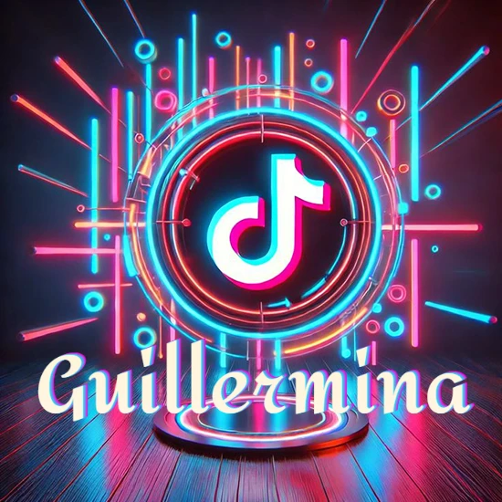 Escenario vibrante iluminado con luces de neón rojas y azules. Círculo de luz central con logotipo de TikTok. Nombre en una base circular iluminada sobre el suelo de madera. Diseño con el nombre Guillermina.
