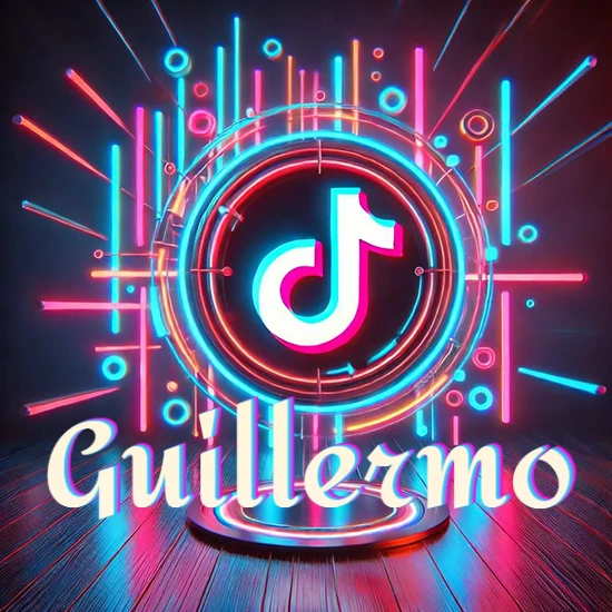 Escenario vibrante iluminado con luces de neón rojas y azules. Círculo de luz central con logotipo de TikTok. Nombre en una base circular iluminada sobre el suelo de madera. Diseño con el nombre Guillermo.