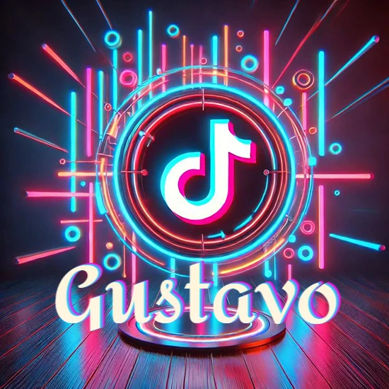 Escenario vibrante iluminado con luces de neón rojas y azules. Círculo de luz central con logotipo de TikTok. Nombre en una base circular iluminada sobre el suelo de madera. Diseño con el nombre Gustavo.
