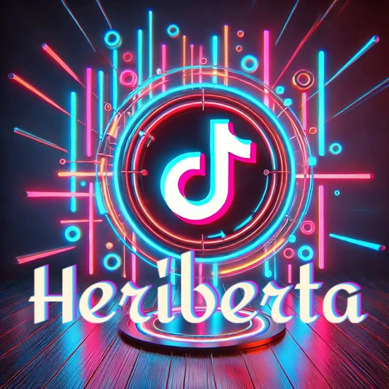 Escenario vibrante iluminado con luces de neón rojas y azules. Círculo de luz central con logotipo de TikTok. Nombre en una base circular iluminada sobre el suelo de madera. Diseño con el nombre Heriberta.