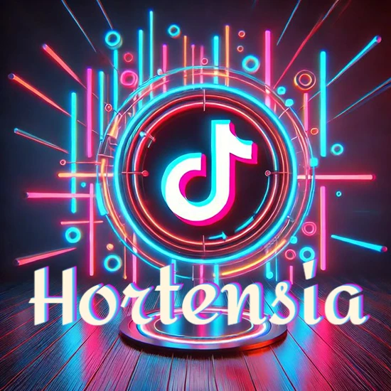 Escenario vibrante iluminado con luces de neón rojas y azules. Círculo de luz central con logotipo de TikTok. Nombre en una base circular iluminada sobre el suelo de madera. Diseño con el nombre Hortensia.