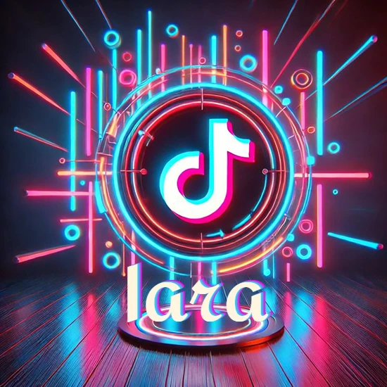 Escenario vibrante iluminado con luces de neón rojas y azules. Círculo de luz central con logotipo de TikTok. Nombre en una base circular iluminada sobre el suelo de madera. Diseño con el nombre Iara.