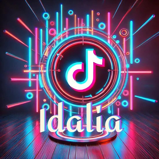 Escenario vibrante iluminado con luces de neón rojas y azules. Círculo de luz central con logotipo de TikTok. Nombre en una base circular iluminada sobre el suelo de madera. Diseño con el nombre Idalia.