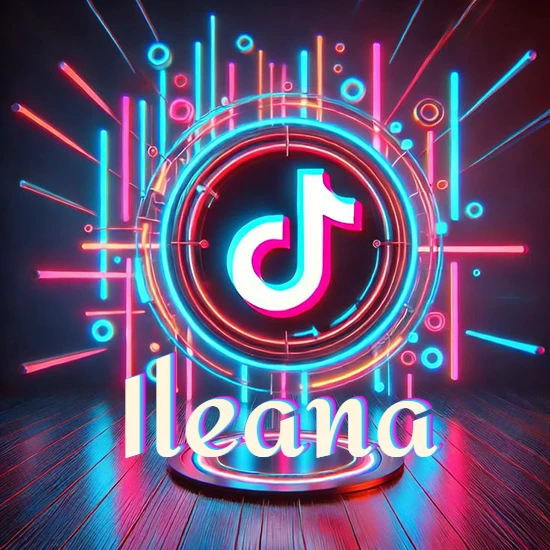 Escenario vibrante iluminado con luces de neón rojas y azules. Círculo de luz central con logotipo de TikTok. Nombre en una base circular iluminada sobre el suelo de madera. Diseño con el nombre Ileana.