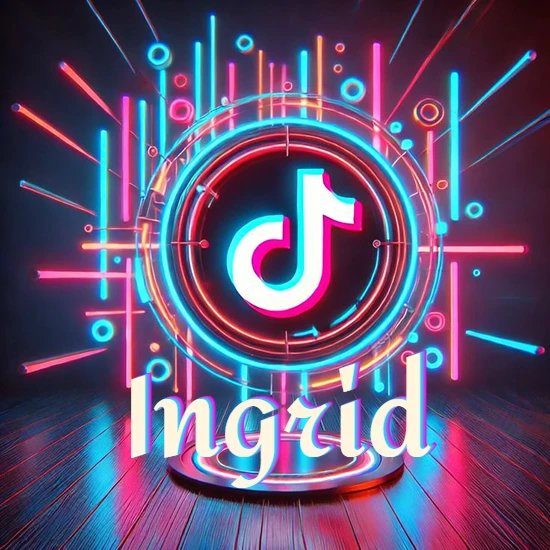 Escenario vibrante iluminado con luces de neón rojas y azules. Círculo de luz central con logotipo de TikTok. Nombre en una base circular iluminada sobre el suelo de madera. Diseño con el nombre Ingrid. Escenario vibrante iluminado con luces de neón rojas y azules. Círculo de luz central con logotipo de TikTok. Nombre en una base circular iluminada sobre el suelo de madera. Diseño con el nombre Ingrid.