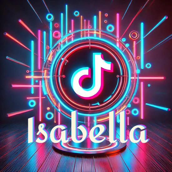 Escenario vibrante iluminado con luces de neón rojas y azules. Círculo de luz central con logotipo de TikTok. Nombre en una base circular iluminada sobre el suelo de madera. Diseño con el nombre Isabella.