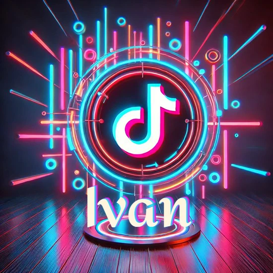 Escenario vibrante iluminado con luces de neón rojas y azules. Círculo de luz central con logotipo de TikTok. Nombre en una base circular iluminada sobre el suelo de madera. Diseño con el nombre Ivan.