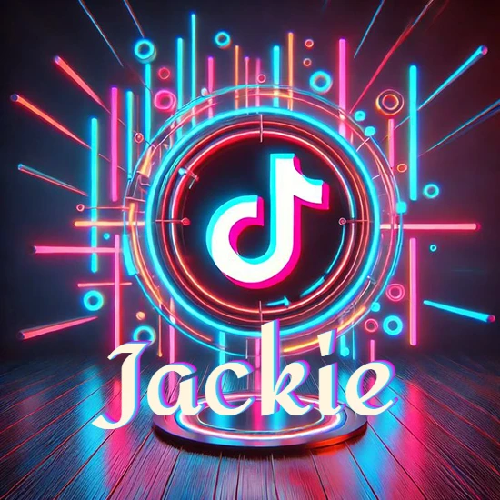 Escenario vibrante iluminado con luces de neón rojas y azules. Círculo de luz central con logotipo de TikTok. Nombre en una base circular iluminada sobre el suelo de madera. Diseño con el nombre Jackie.