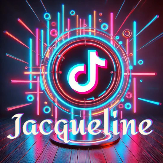 Escenario vibrante iluminado con luces de neón rojas y azules. Círculo de luz central con logotipo de TikTok. Nombre en una base circular iluminada sobre el suelo de madera. Diseño con el nombre Jacqueline.
