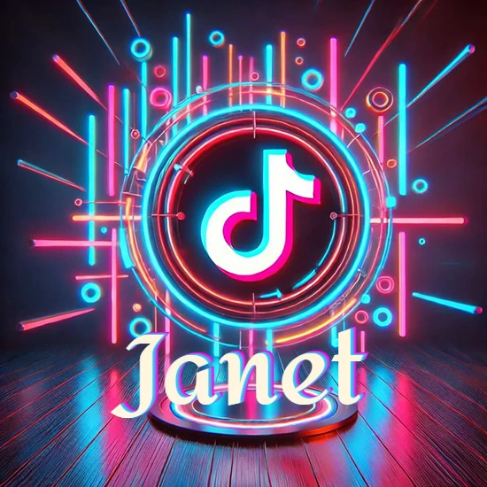 Escenario vibrante iluminado con luces de neón rojas y azules. Círculo de luz central con logotipo de TikTok. Nombre en una base circular iluminada sobre el suelo de madera. Diseño con el nombre Janet.