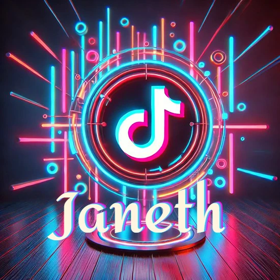 Escenario vibrante iluminado con luces de neón rojas y azules. Círculo de luz central con logotipo de TikTok. Nombre en una base circular iluminada sobre el suelo de madera. Diseño con el nombre Janeth.