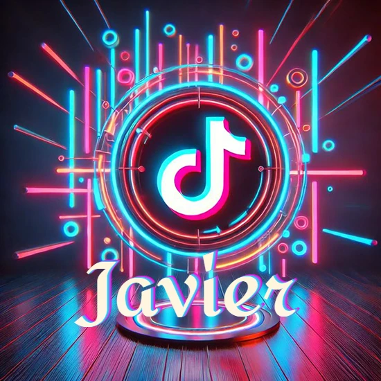 Escenario vibrante iluminado con luces de neón rojas y azules. Círculo de luz central con logotipo de TikTok. Nombre en una base circular iluminada sobre el suelo de madera. Diseño con el nombre Javier.