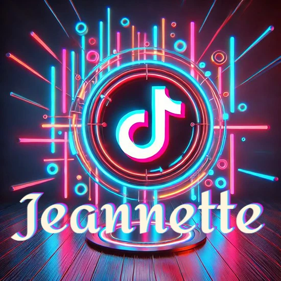 Escenario vibrante iluminado con luces de neón rojas y azules. Círculo de luz central con logotipo de TikTok. Nombre en una base circular iluminada sobre el suelo de madera. Diseño con el nombre Jeannette.