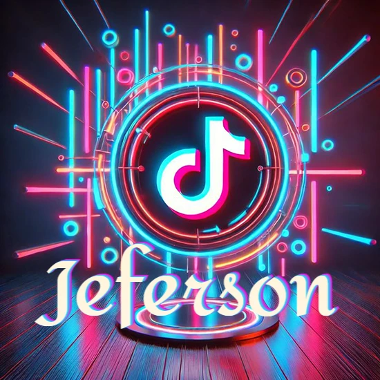 Escenario vibrante iluminado con luces de neón rojas y azules. Círculo de luz central con logotipo de TikTok. Nombre en una base circular iluminada sobre el suelo de madera. Diseño con el nombre Jeferson.