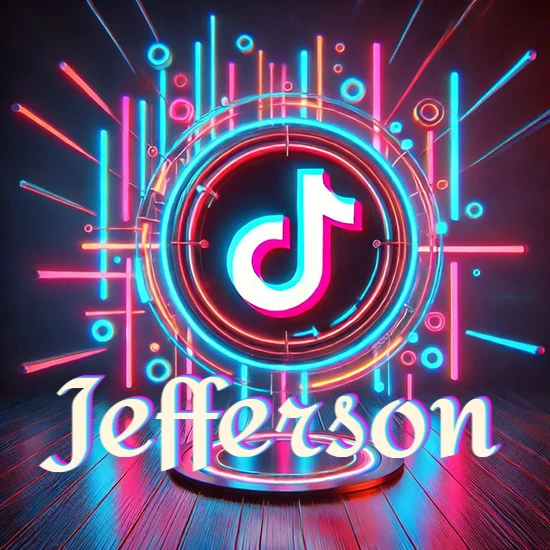 Escenario vibrante iluminado con luces de neón rojas y azules. Círculo de luz central con logotipo de TikTok. Nombre en una base circular iluminada sobre el suelo de madera. Diseño con el nombre Jefferson.