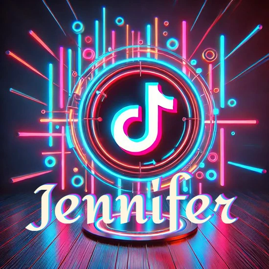 Escenario vibrante iluminado con luces de neón rojas y azules. Círculo de luz central con logotipo de TikTok. Nombre en una base circular iluminada sobre el suelo de madera. Diseño con el nombre Jennifer.