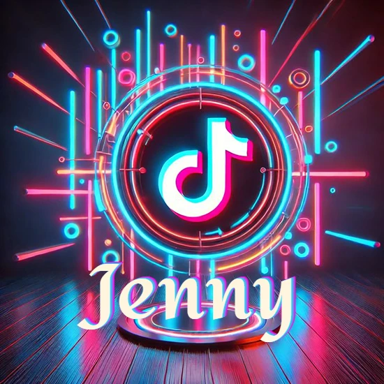 Escenario vibrante iluminado con luces de neón rojas y azules. Círculo de luz central con logotipo de TikTok. Nombre en una base circular iluminada sobre el suelo de madera. Diseño con el nombre Jenny.