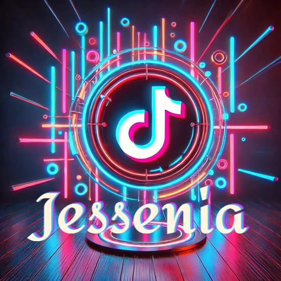 Escenario vibrante iluminado con luces de neón rojas y azules. Círculo de luz central con logotipo de TikTok. Nombre en una base circular iluminada sobre el suelo de madera. Diseño con el nombre Jessenia.