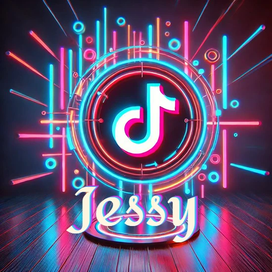 Escenario vibrante iluminado con luces de neón rojas y azules. Círculo de luz central con logotipo de TikTok. Nombre en una base circular iluminada sobre el suelo de madera. Diseño con el nombre Jessy.