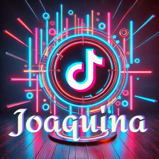 Escenario vibrante iluminado con luces de neón rojas y azules. Círculo de luz central con logotipo de TikTok. Nombre en una base circular iluminada sobre el suelo de madera. Diseño con el nombre Joaquina.