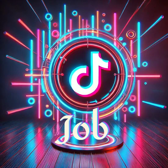 Escenario vibrante iluminado con luces de neón rojas y azules. Círculo de luz central con logotipo de TikTok. Nombre en una base circular iluminada sobre el suelo de madera. Diseño con el nombre Job.
