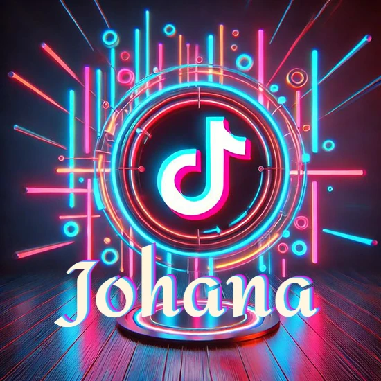 Escenario vibrante iluminado con luces de neón rojas y azules. Círculo de luz central con logotipo de TikTok. Nombre en una base circular iluminada sobre el suelo de madera. Diseño con el nombre Johana.