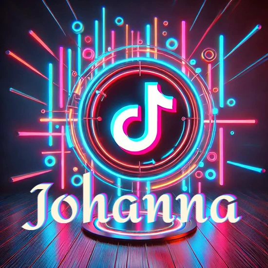 Escenario vibrante iluminado con luces de neón rojas y azules. Círculo de luz central con logotipo de TikTok. Nombre en una base circular iluminada sobre el suelo de madera. Diseño con el nombre Johanna.