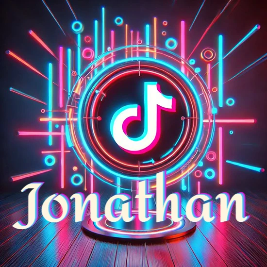 Escenario vibrante iluminado con luces de neón rojas y azules. Círculo de luz central con logotipo de TikTok. Nombre en una base circular iluminada sobre el suelo de madera. Diseño con el nombre Jonathan.
