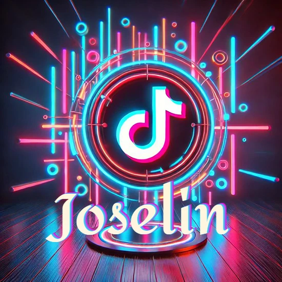 Escenario vibrante iluminado con luces de neón rojas y azules. Círculo de luz central con logotipo de TikTok. Nombre en una base circular iluminada sobre el suelo de madera. Diseño con el nombre Joselin.
