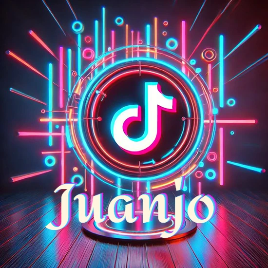 Escenario vibrante iluminado con luces de neón rojas y azules. Círculo de luz central con logotipo de TikTok. Nombre en una base circular iluminada sobre el suelo de madera. Diseño con el nombre Juanjo.