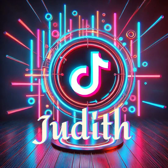 Escenario vibrante iluminado con luces de neón rojas y azules. Círculo de luz central con logotipo de TikTok. Nombre en una base circular iluminada sobre el suelo de madera. Diseño con el nombre Judith.