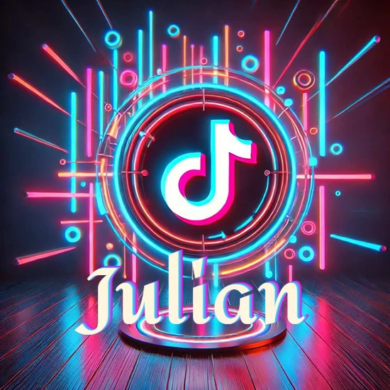 Escenario vibrante iluminado con luces de neón rojas y azules. Círculo de luz central con logotipo de TikTok. Nombre en una base circular iluminada sobre el suelo de madera. Diseño con el nombre Julian.
