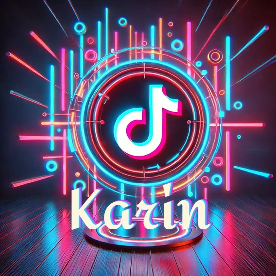 Escenario vibrante iluminado con luces de neón rojas y azules. Círculo de luz central con logotipo de TikTok. Nombre en una base circular iluminada sobre el suelo de madera. Diseño con el nombre Karin.